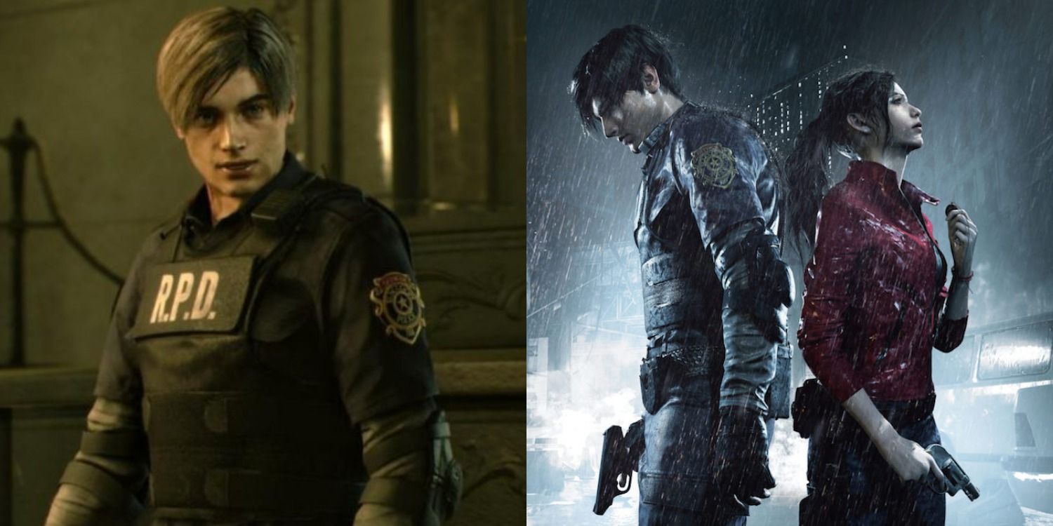 A split image of Leon S. Kennedy in his uniform and Leon and Claire standing in the rain in Resident Evil 2 remake