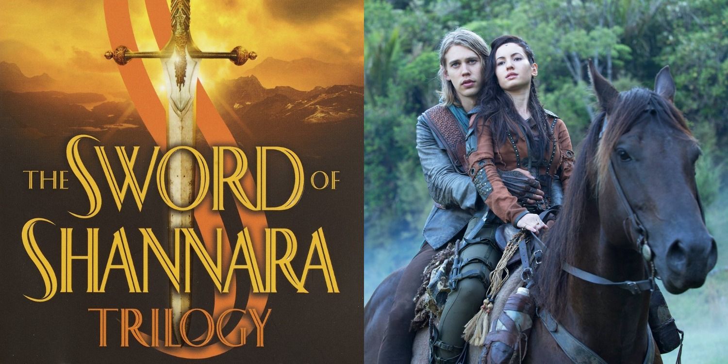 A split image of the Shannara Chronicles front cover and the cast from the TV show