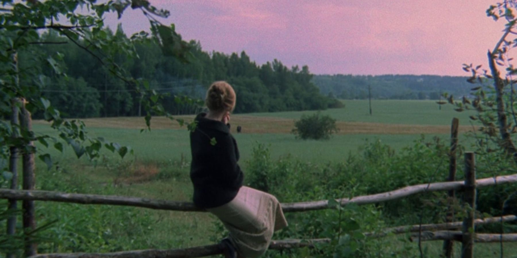 A woman sitting on a wooden fence looking at the sky and landscape in a still from Mirror