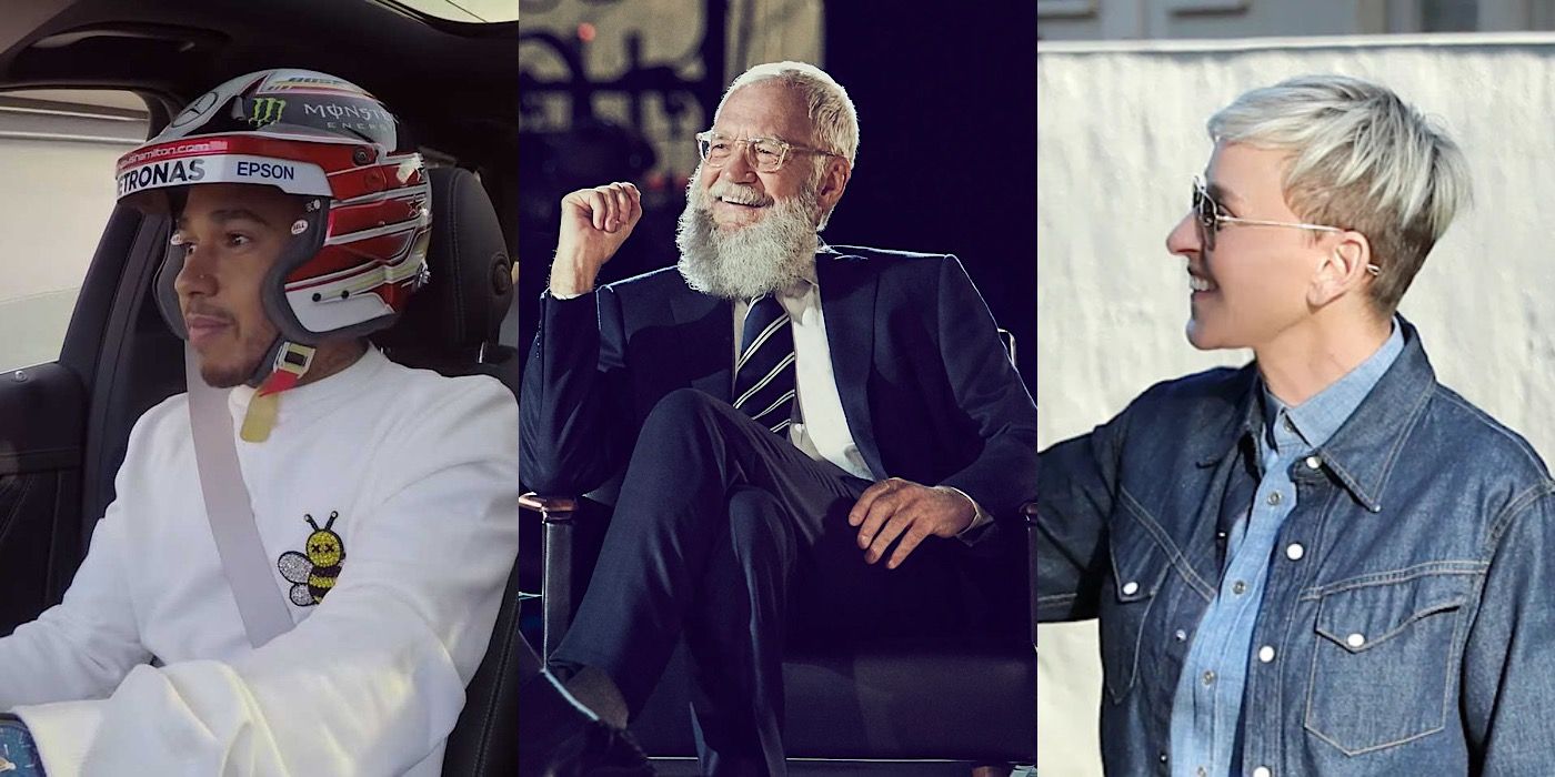 Split image of Lewis Hamilton, David Letterman, and Ellen on My Next Guest Needs No Introduction