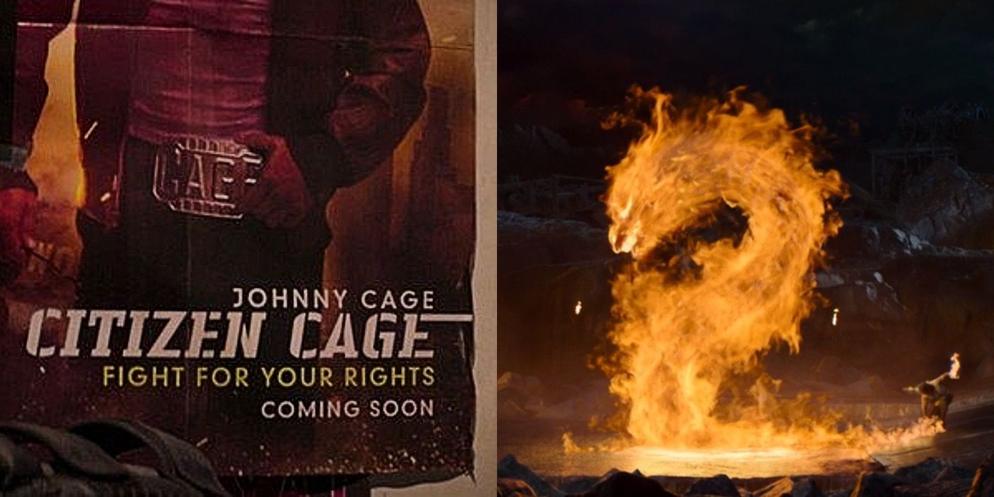 Split image of a Johnny Cage poster and Liu Kang's fire dragon in Mortal Kombat 2021