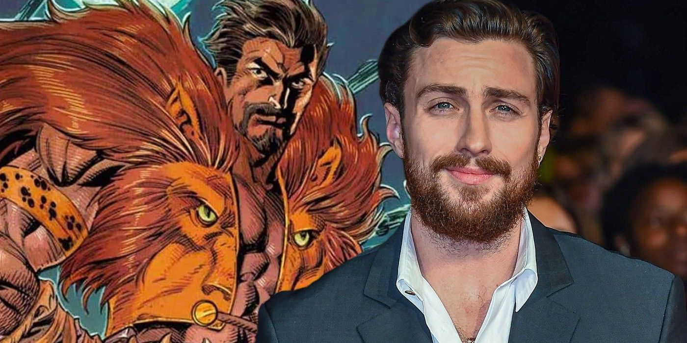 A blended image features Marvel Comic book character Kraven the Hunter alongside actor Aaron Taylor Johnson.