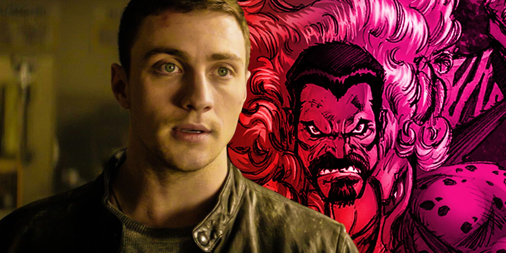 A blended image of actor Aaron Taylor Johnson and the Marvel comic character Kraven the hunter
