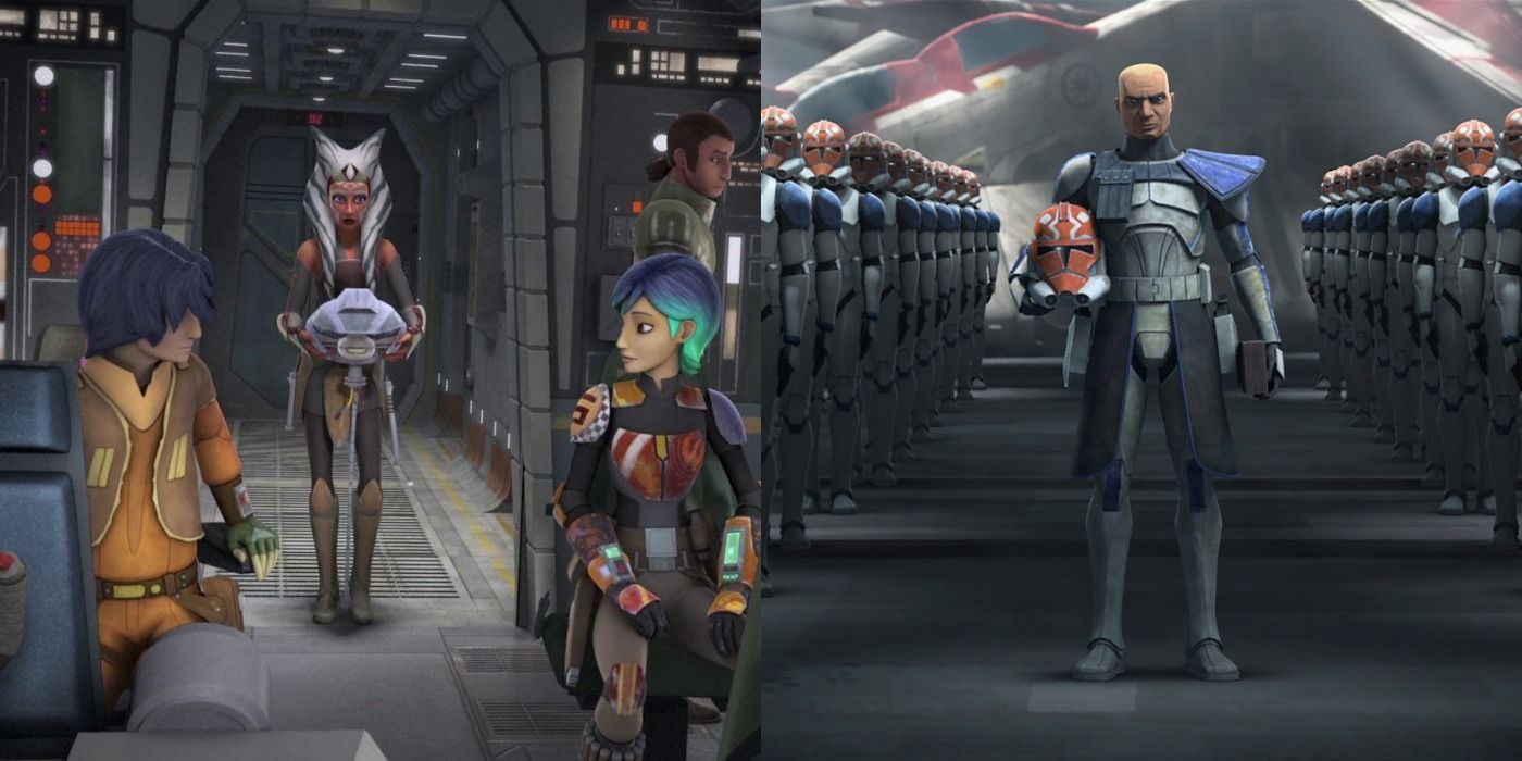 Split image of Ahsoka Tano with the Ghost Crew from Rebels and Rex holding a helmet painted to look like her