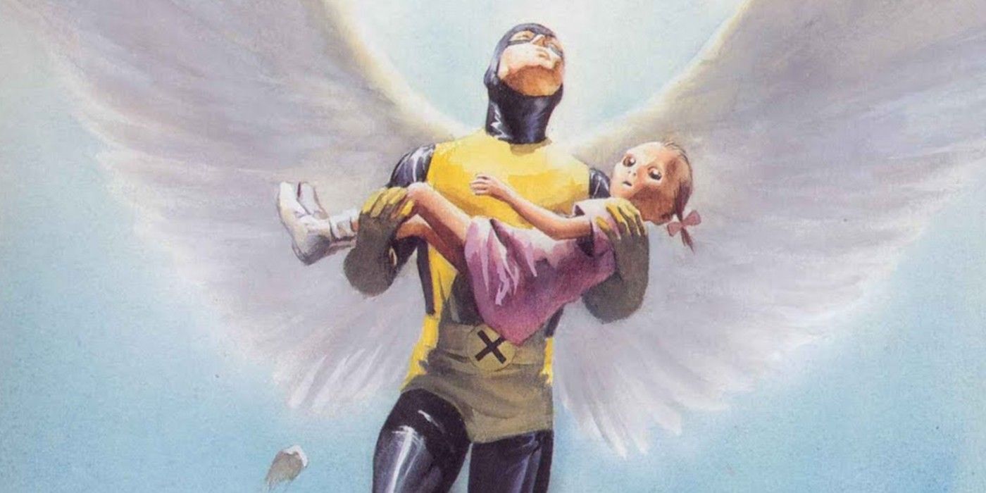 Angel flies with a child in his arms in X-Men