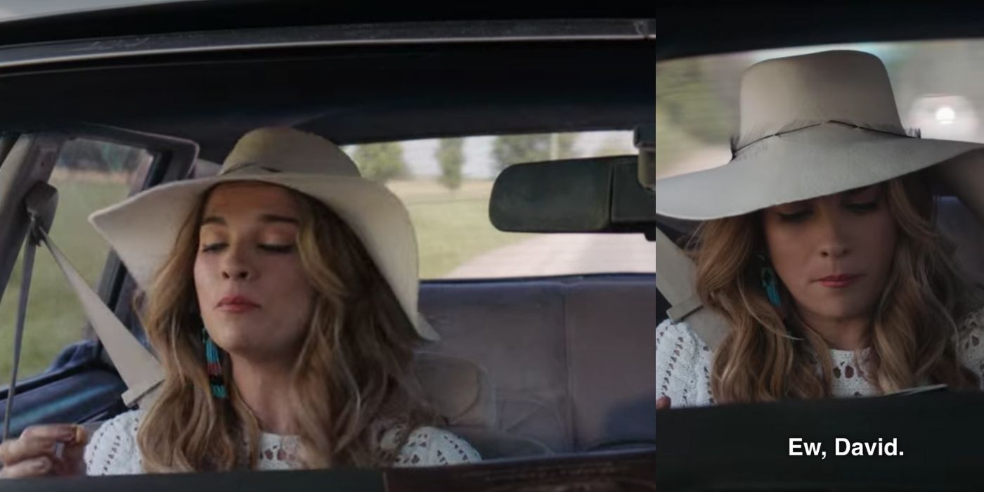 Alexis and David in the car driving on Schitt's Creek