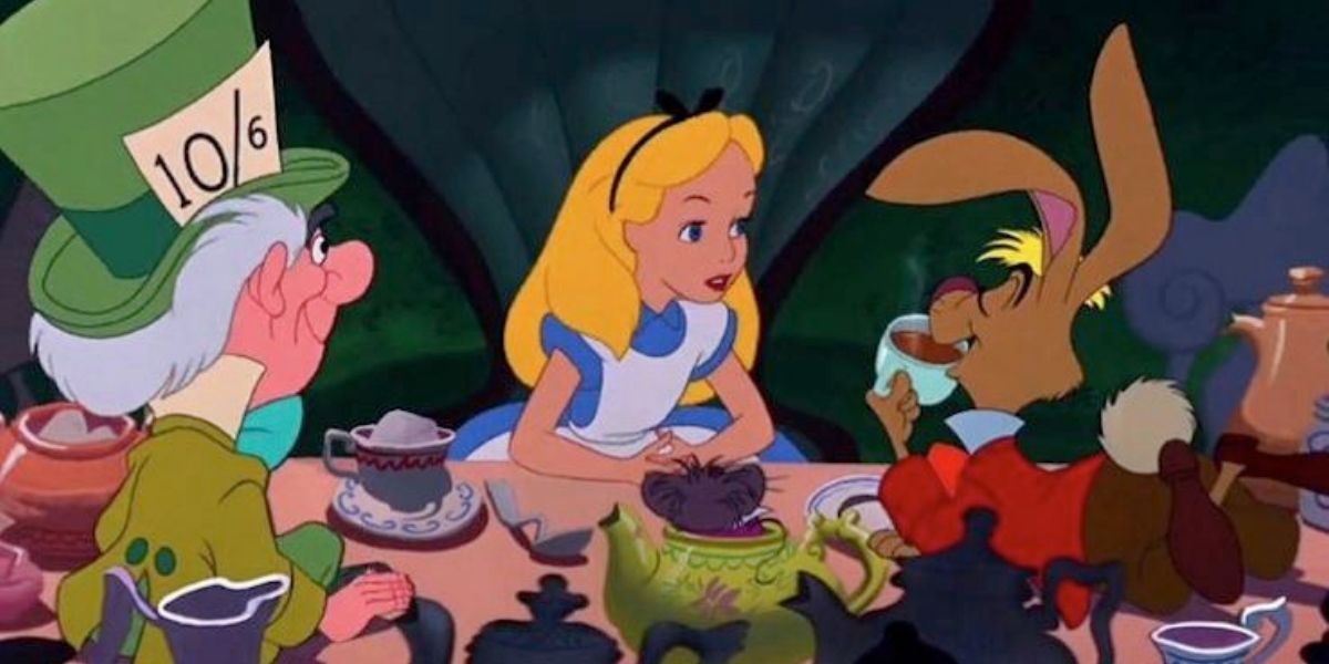 Alice at the Mad Hatter and March Hare's tea party in Alice in Wonderland