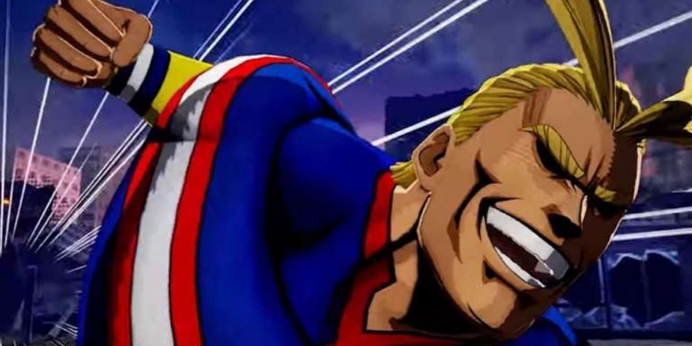 All Might laughing and throwing a punch
