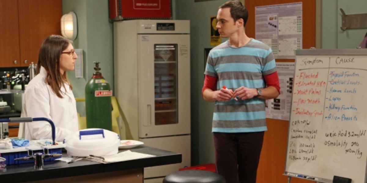 Amy and Sheldon conduct tests on her at her lab