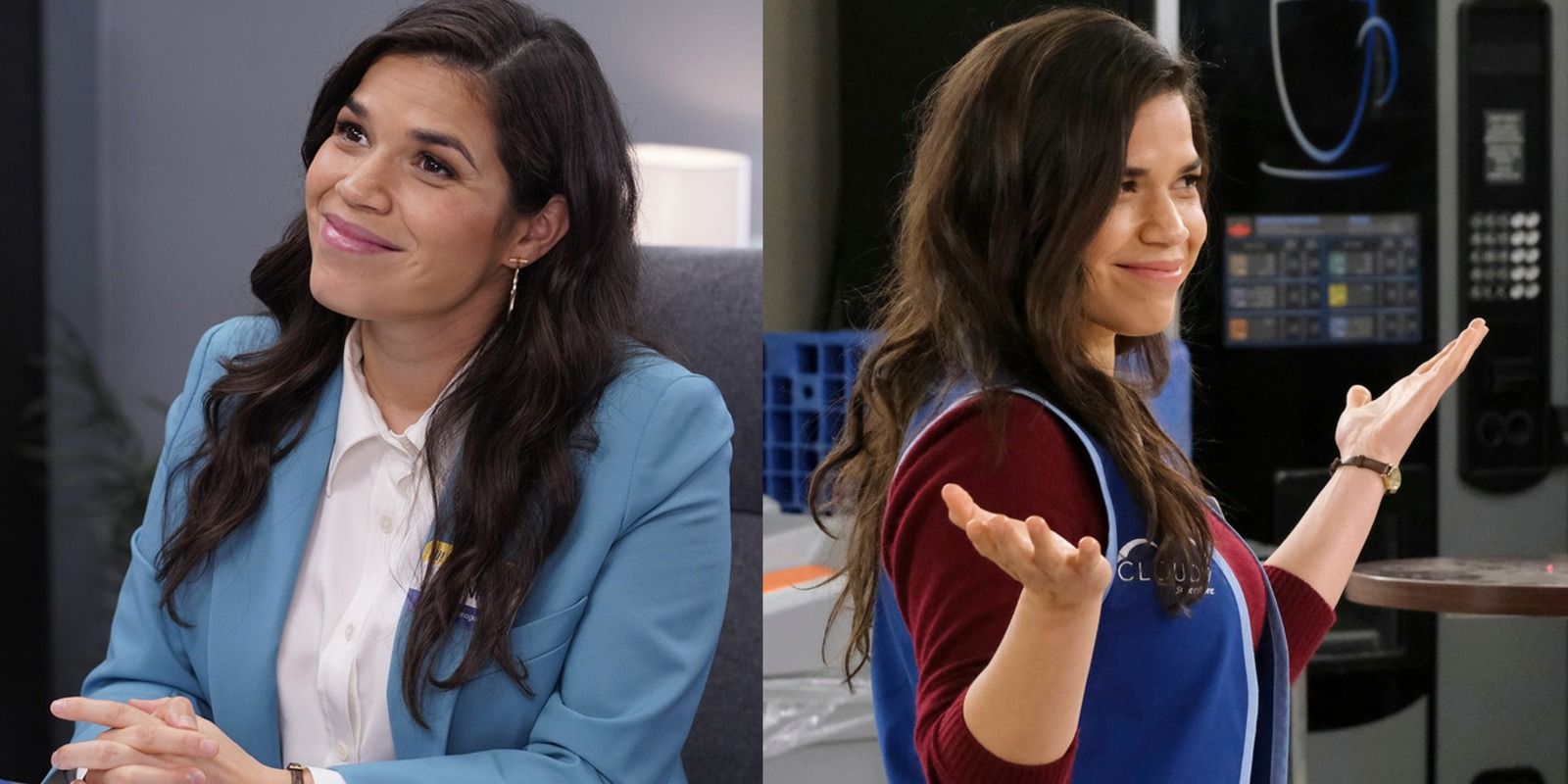 Split image of Amy from Superstore at two points