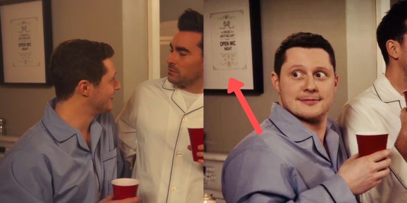 An open-mic poster spotted in the background of Patrick and David's kitchen on Schitt's Creek