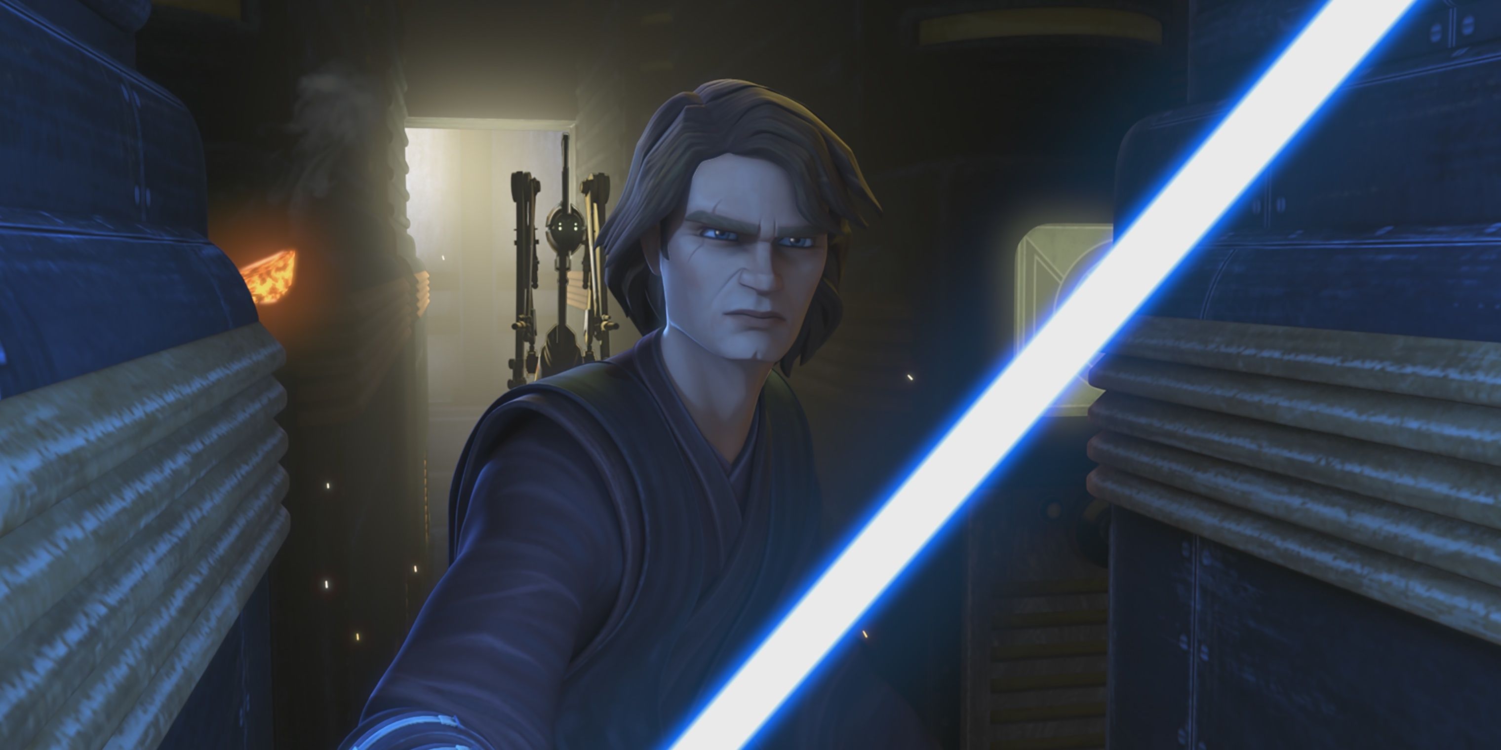 Anakin with his lightsaber pointed at Admiral Trench in Star Wars: The Clone Wars