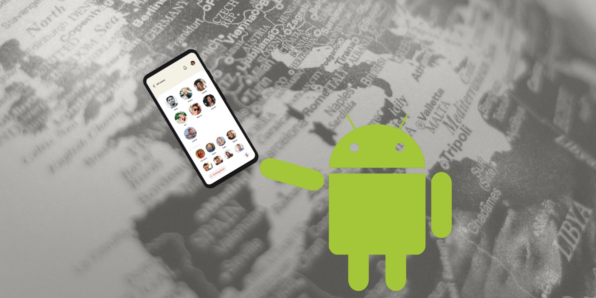 Android robot using Clubhouse on smartphone over world map