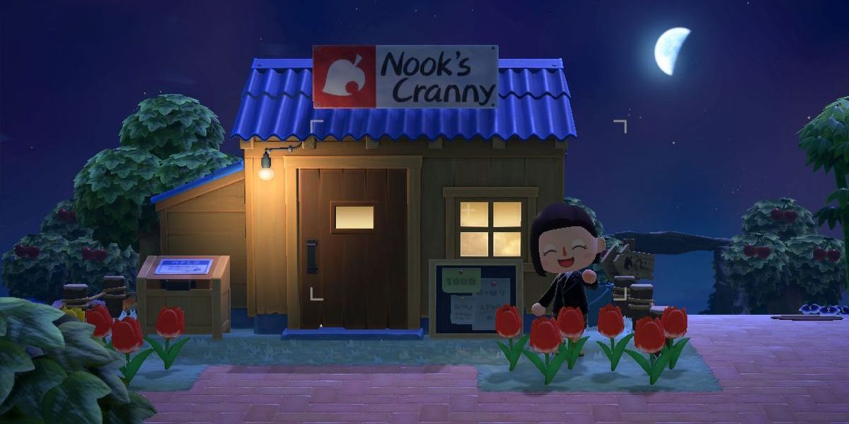 Exterior of a shop at night in Animal Crossing