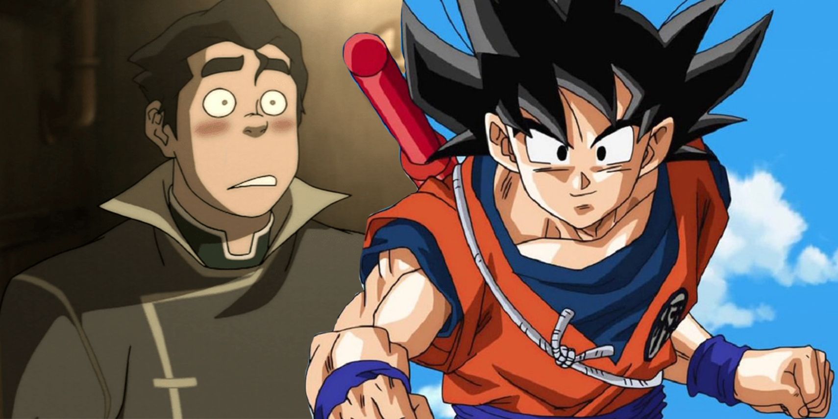 Bolin with shocked expression and Goku in fight stance