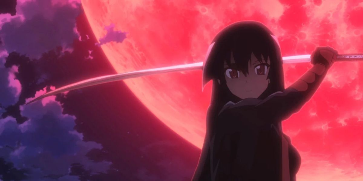 Akame with a sword in front of a red moon in Akame Go Kill!