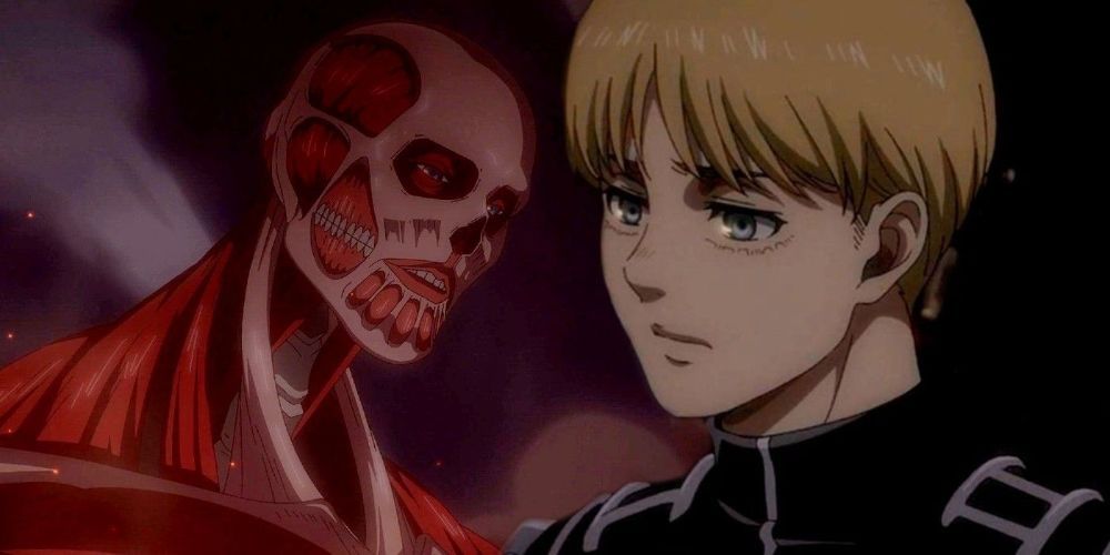 split image of Armin's colossal titan in Attack on Titan and armin in human form looking towards camera 