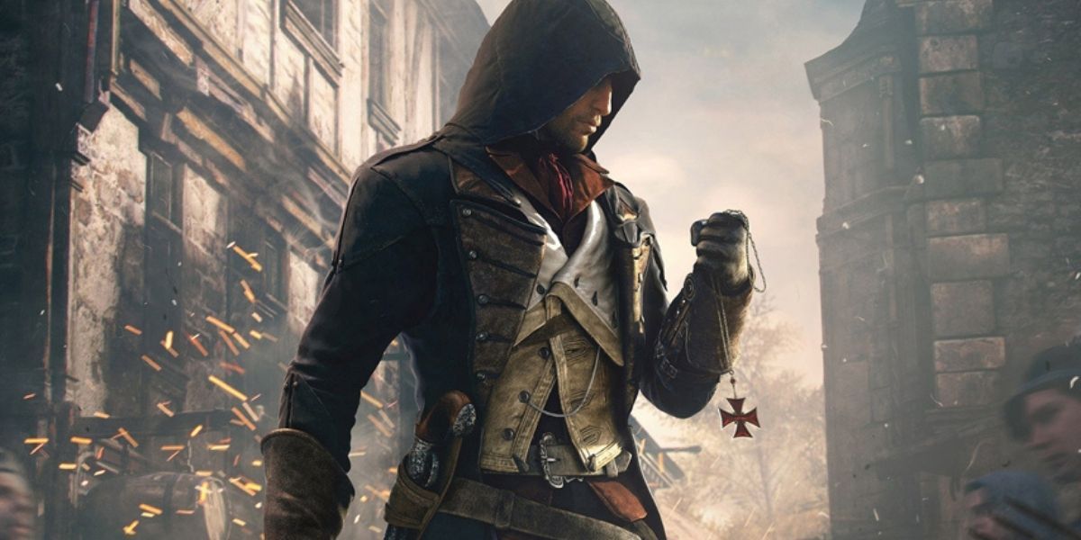 Arno holding a cross in AC Unity