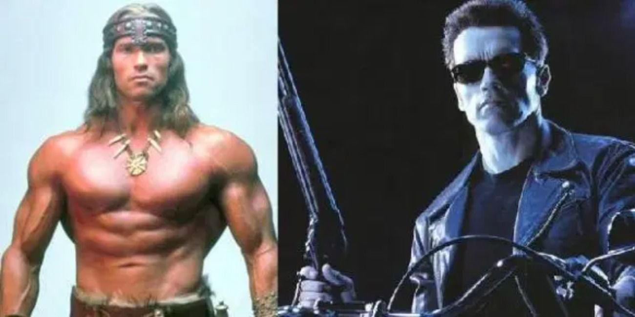Arnold Schwarzenegger as Conan and in Terminator