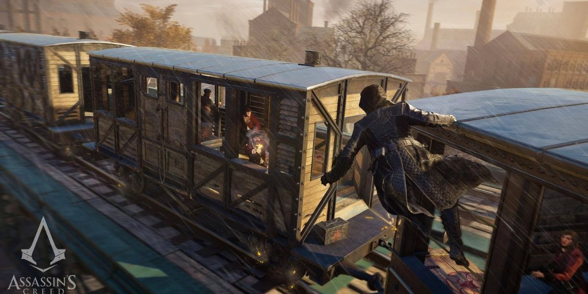 Jacob Frye hanging from the side of a train