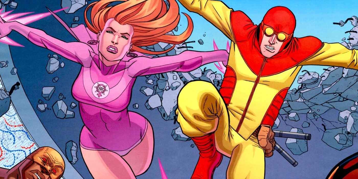 Atom Eve and Rex-Splode flying into battle from Invincible comics