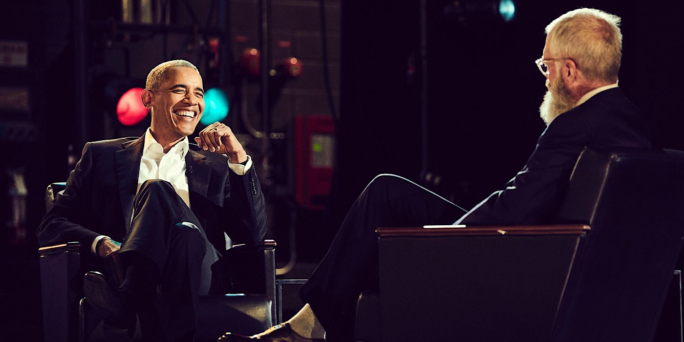 Barack Obama sits on stage with David Letterman on My Next Guest Needs No Introduction