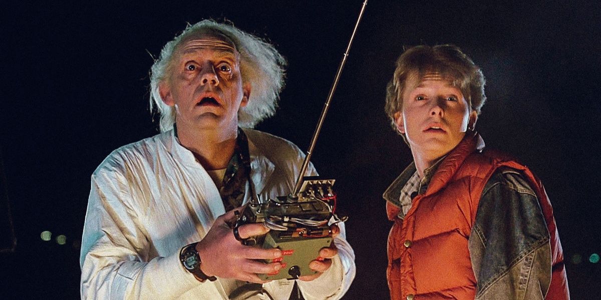 Doc Brown and Marty looking towards the camera in shock