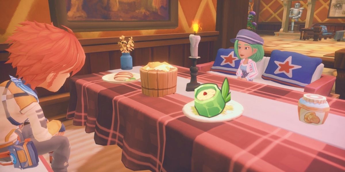 Characters having dinner and eating bamboo papaya with egg on top in My Time At portia