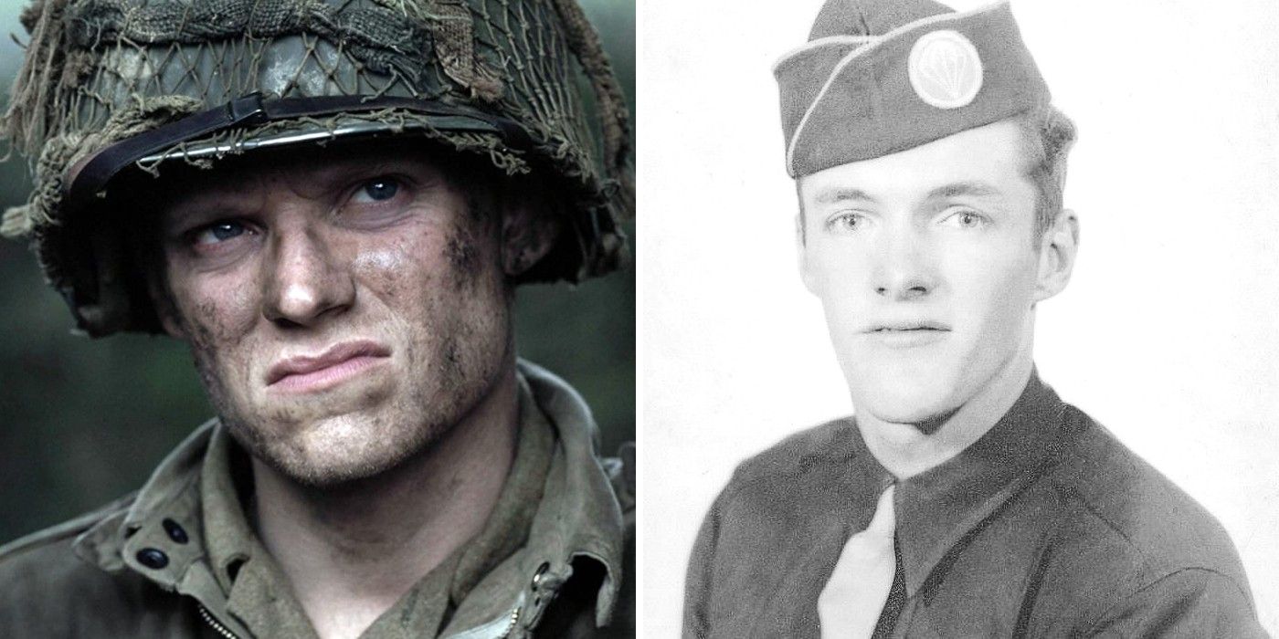 Split image of Marc Warren and real Albery Blithe in Band of Brothers