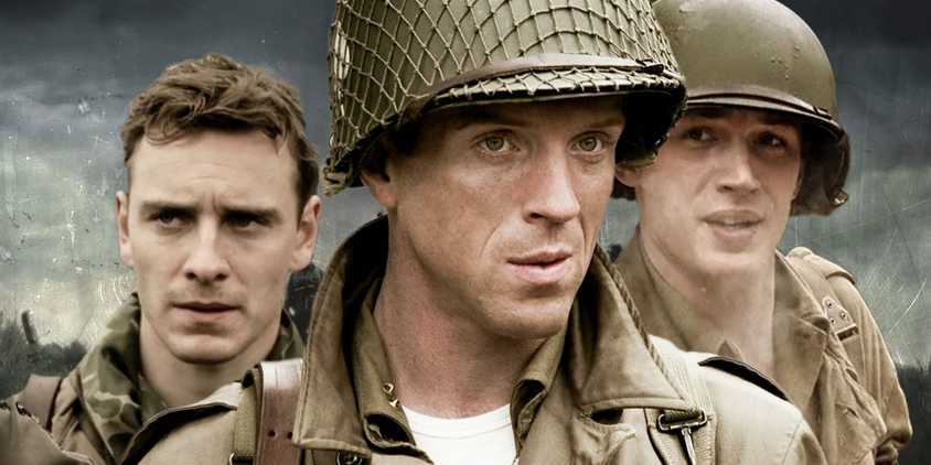 Band of Brothers cast members Michael Fassbender as Sgt. Burton 'Pat' Christenson, Damian Lewis as Maj. Richard D. Winters, and Tom Hardy as Pfc. John Janovec