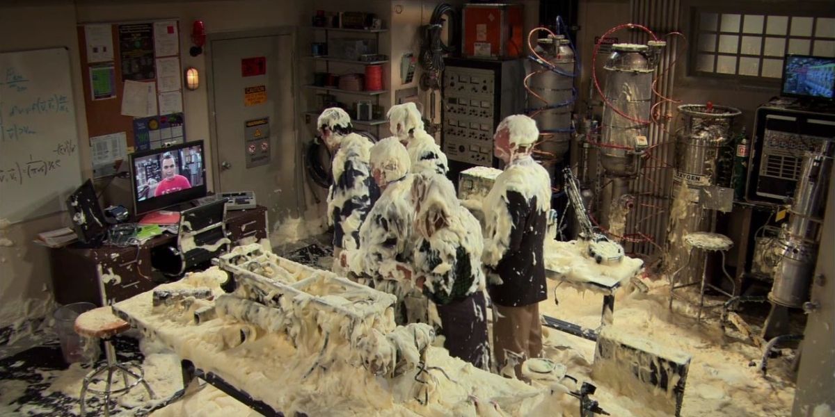 Sheldon detonates a foam bomb in Barry Kripke's office