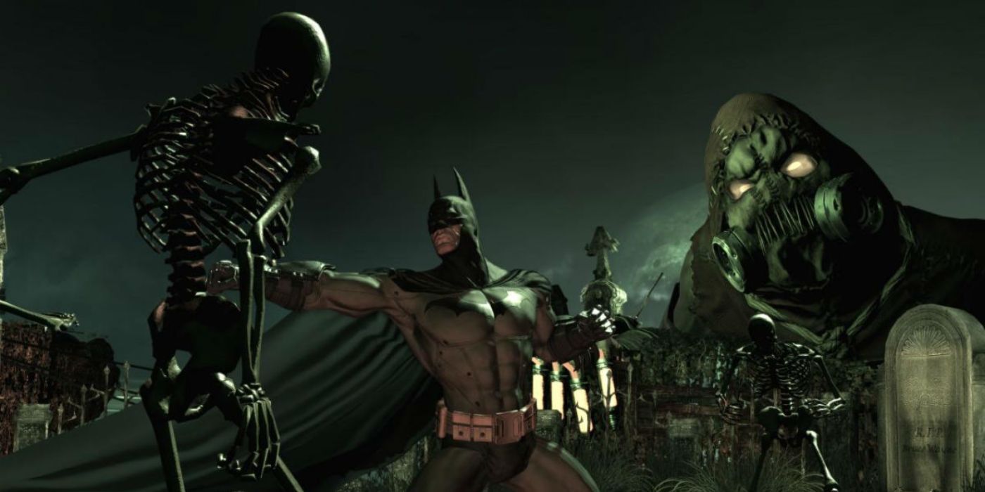 Batman battling Scarecrow and his minions in Arkham Asylum