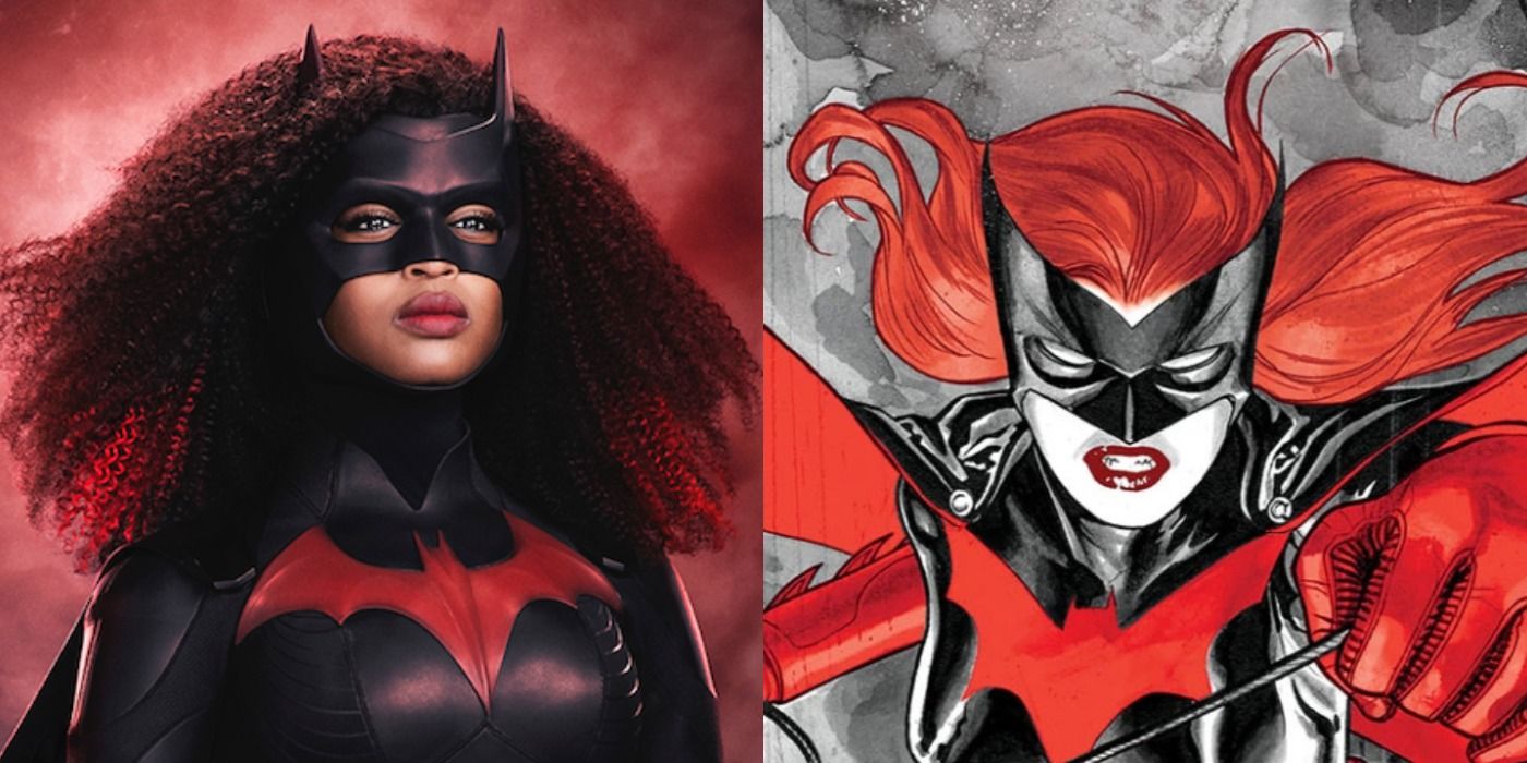 Split image of Batwoman from Arrowverse series and Batwoman from DC Comics