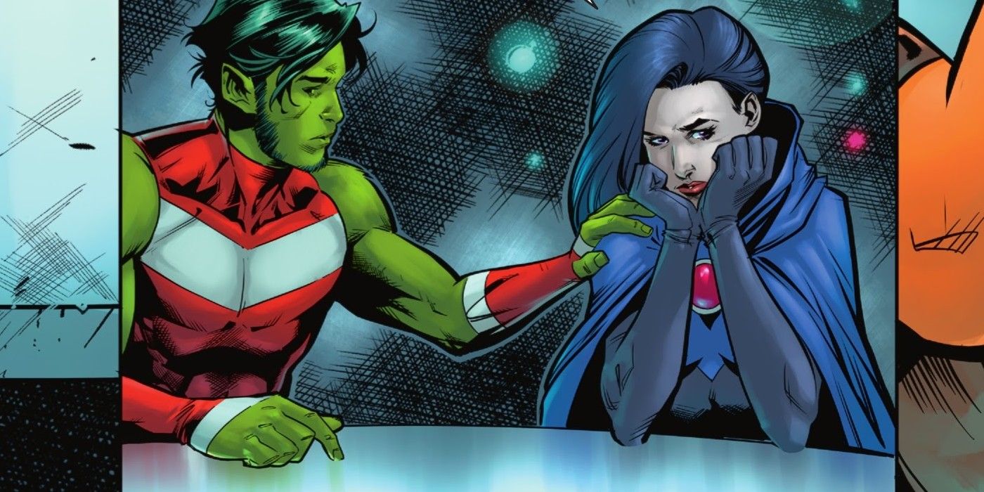 Beast Boy comforting Raven while sitting at a table in DC Comics.
