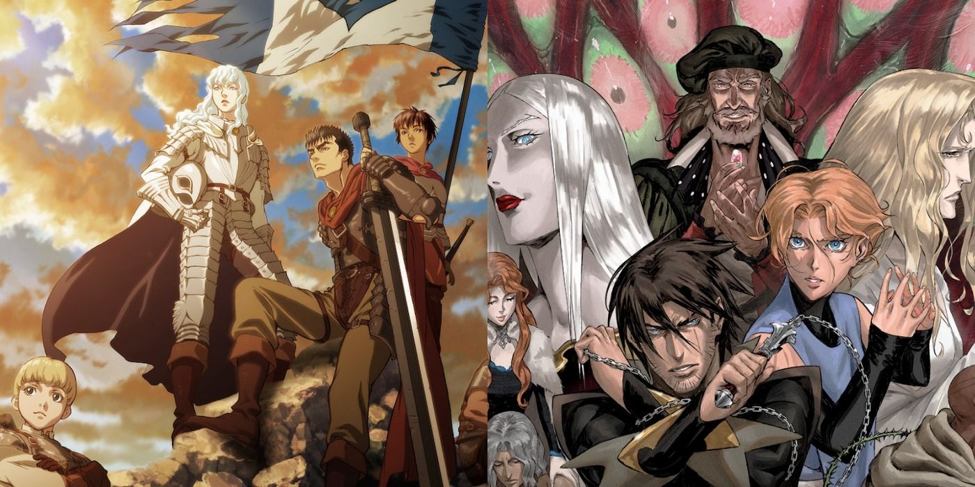 Promo art of the Golden Age arc Berserk movies and poster for Castlevania season 3