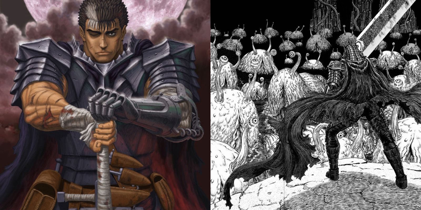 Guts on the cover of Berserk vol. 38 and in the Sea God's lair during the Fantasia arc