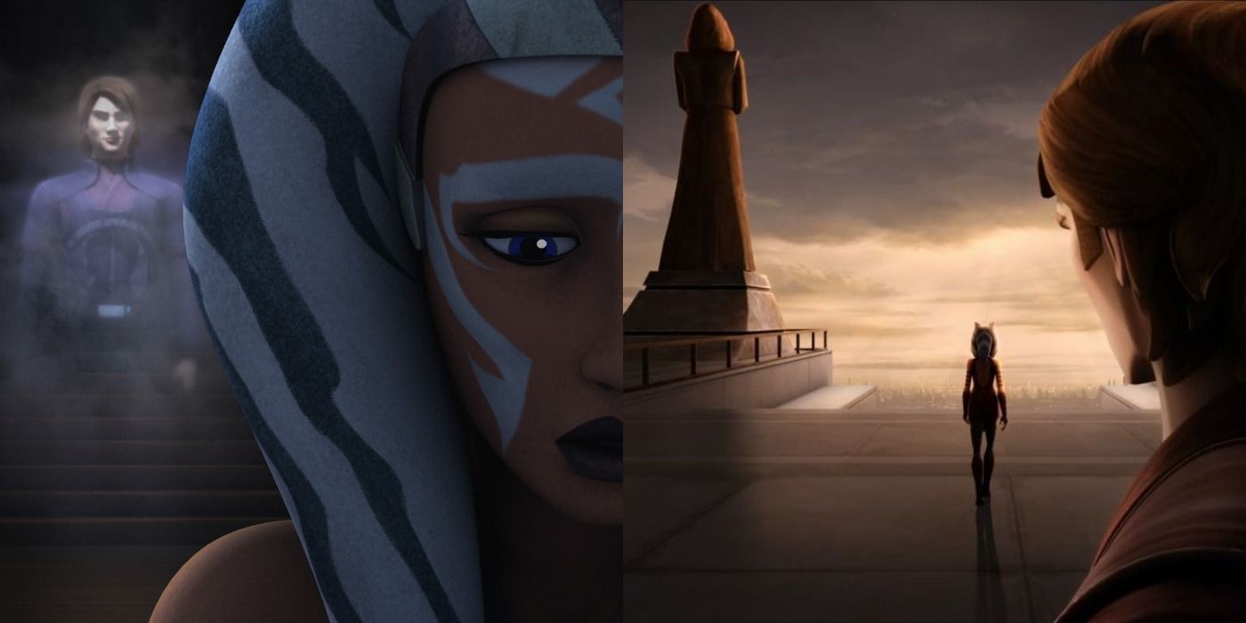 Imagem dividida de Ahsoka Tano de perto e Anakin Skywalker assistindo Ahsoka ir embora
