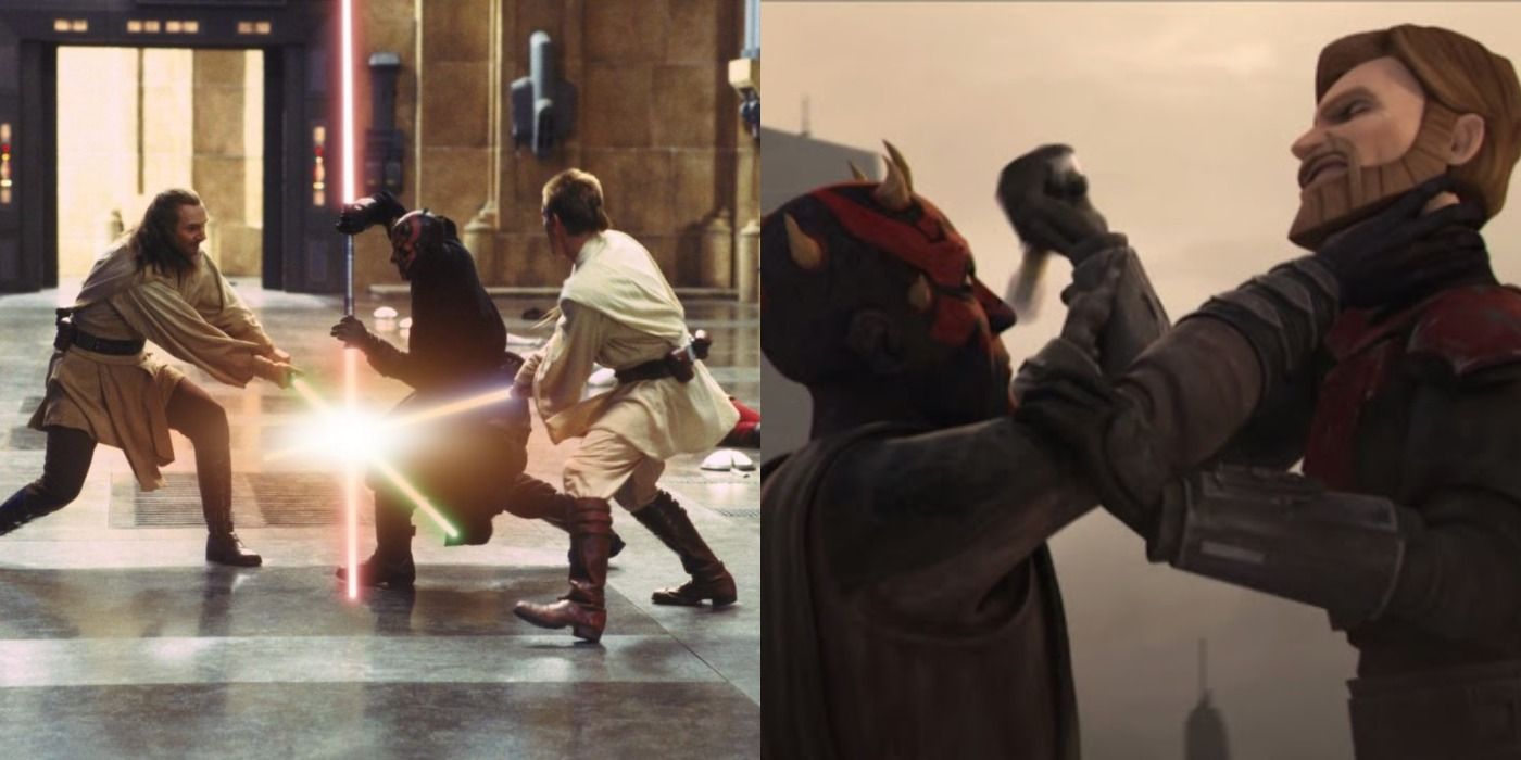 Split image of Obi-Wan Kenobi and Darth Maul fight scenes