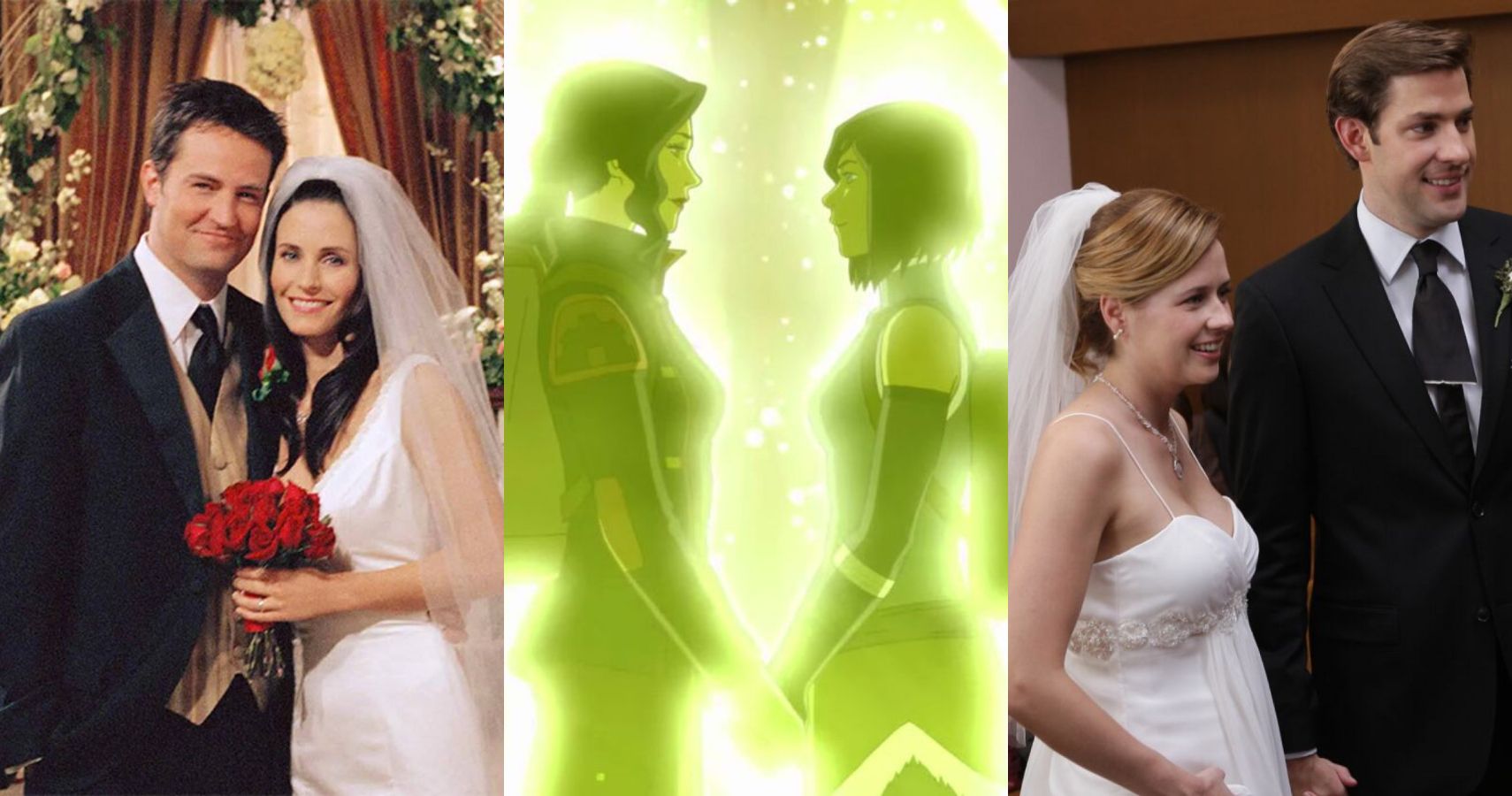 Split image of Chandler and Monica, Asami and Korra, and Pam and Jim