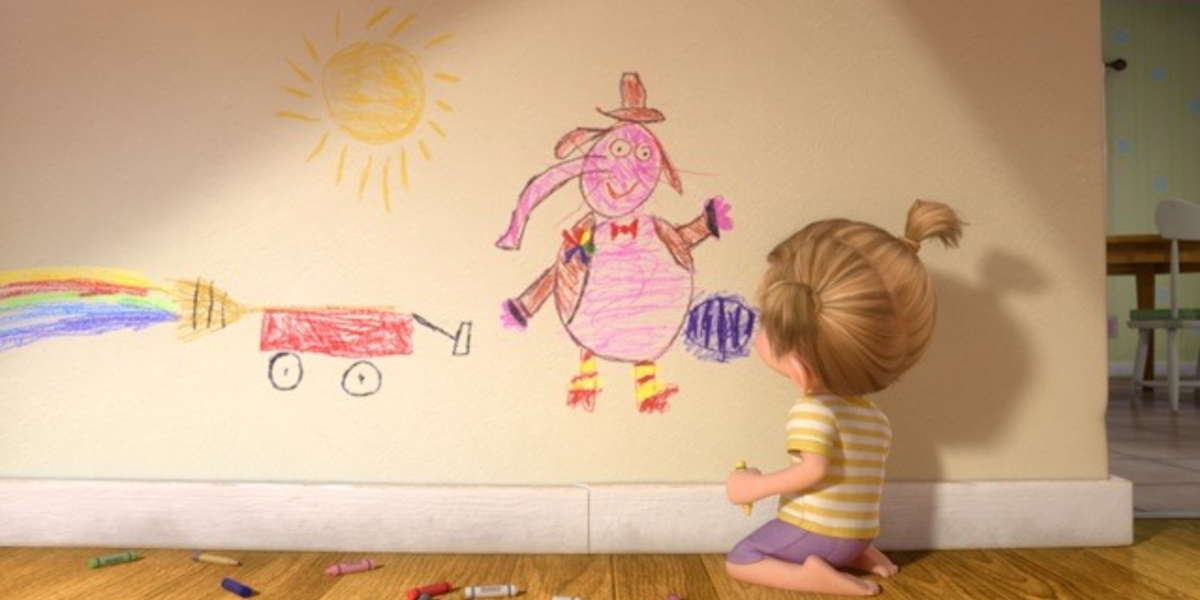 A young Riley draws Bing Bong on the wall
