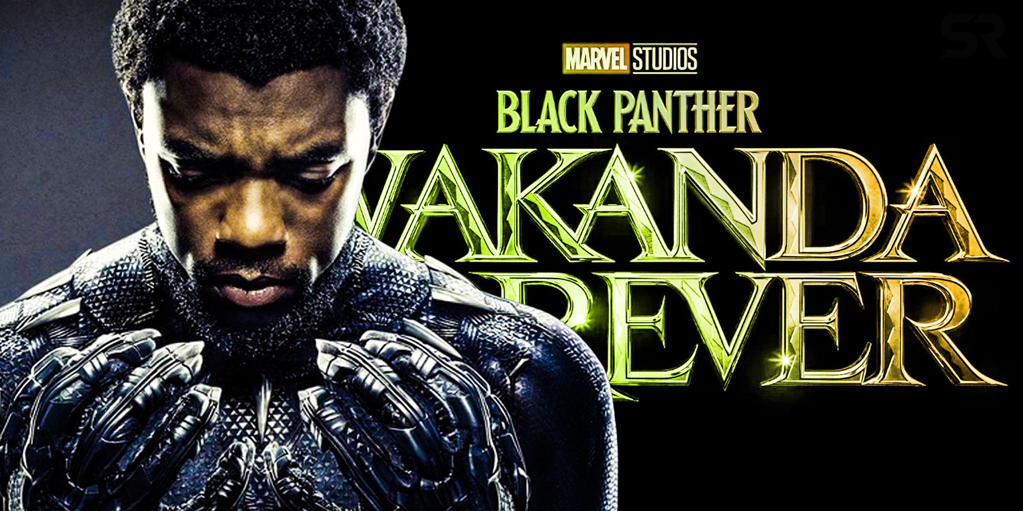 Superimposed image of Chadwick Boseman as the Black Panther &amp; the Black Panther: Wakanda Forever logo