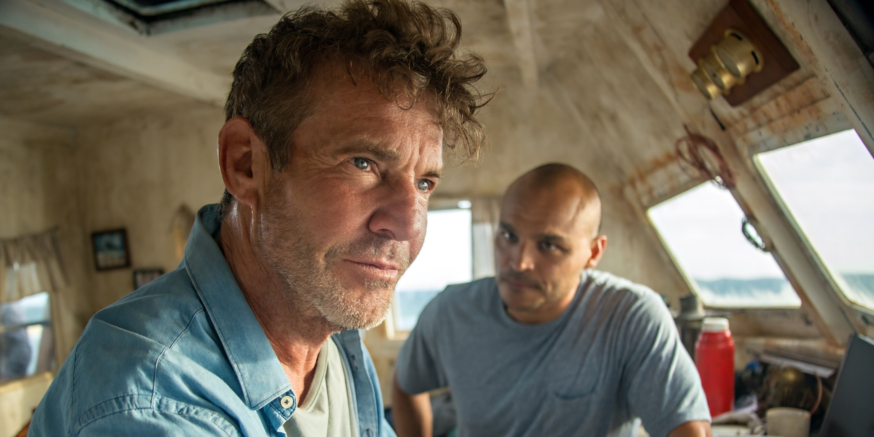 Dennis Quaid as Captain Wade and Jimmy Gonzales as Omar in Blue Miracle on Netflix