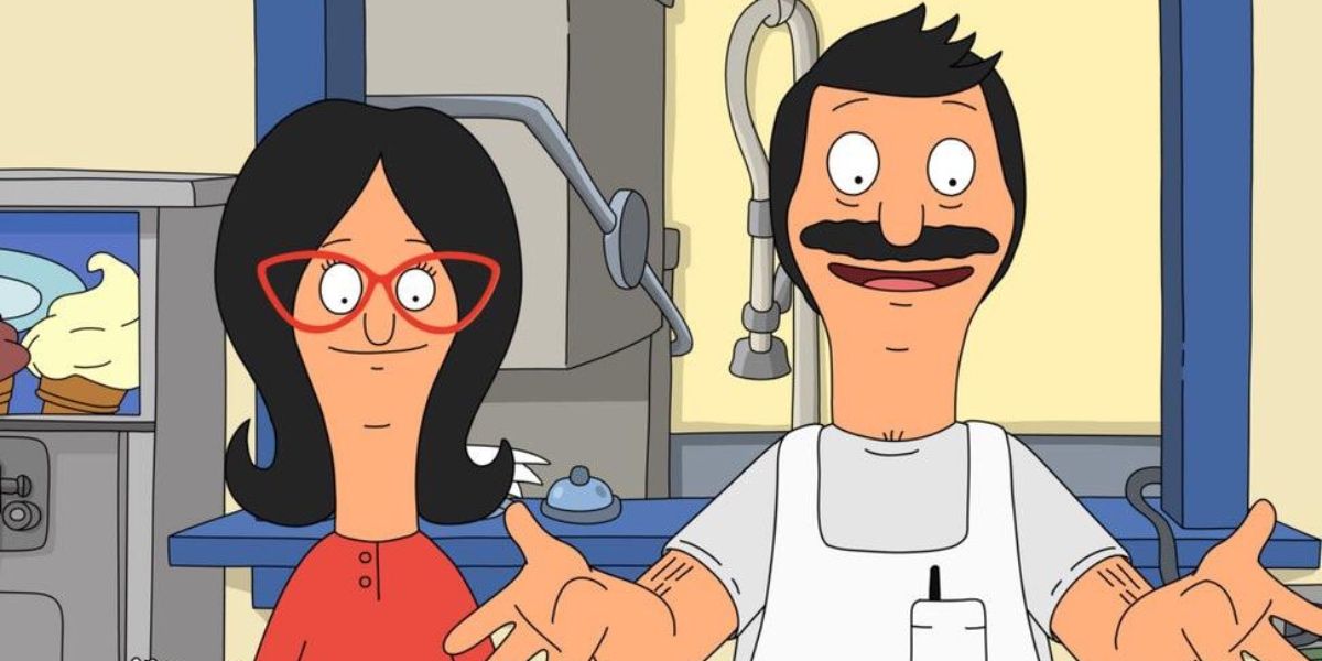 Bob with arms outstretched besides Linda in Bob's Burgers