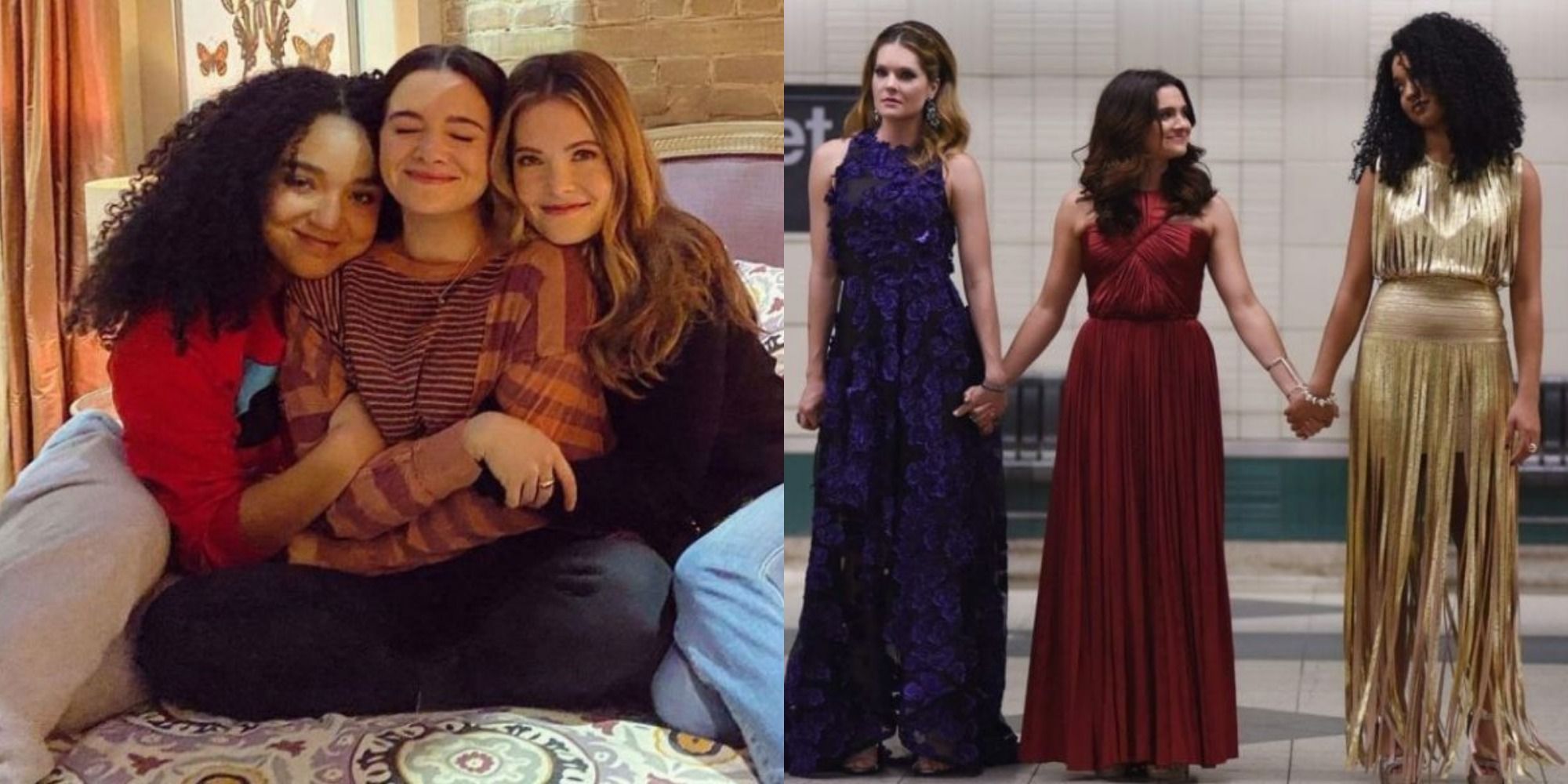 Split image of Kat, Jane, and Sutton hugging on Jane's bed and them standing in dresses holding hands
