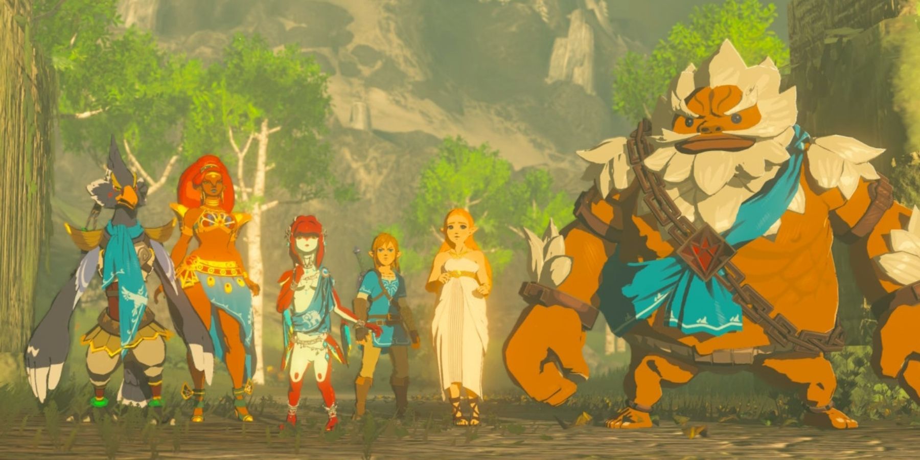 Príncipes Zelda e os cinco campeões de Breath of the Wild parados lado a lado em uma área arborizada e montanhosa;  da esquerda para a direita: Revali, Urbosa, Mipha, Link, Zelda e Daruk.