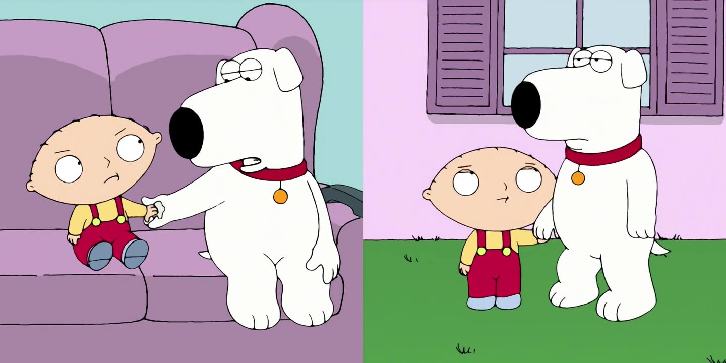 Brian and Stewie hold hands in Family Guy's episode Stuck Together Torn Apart