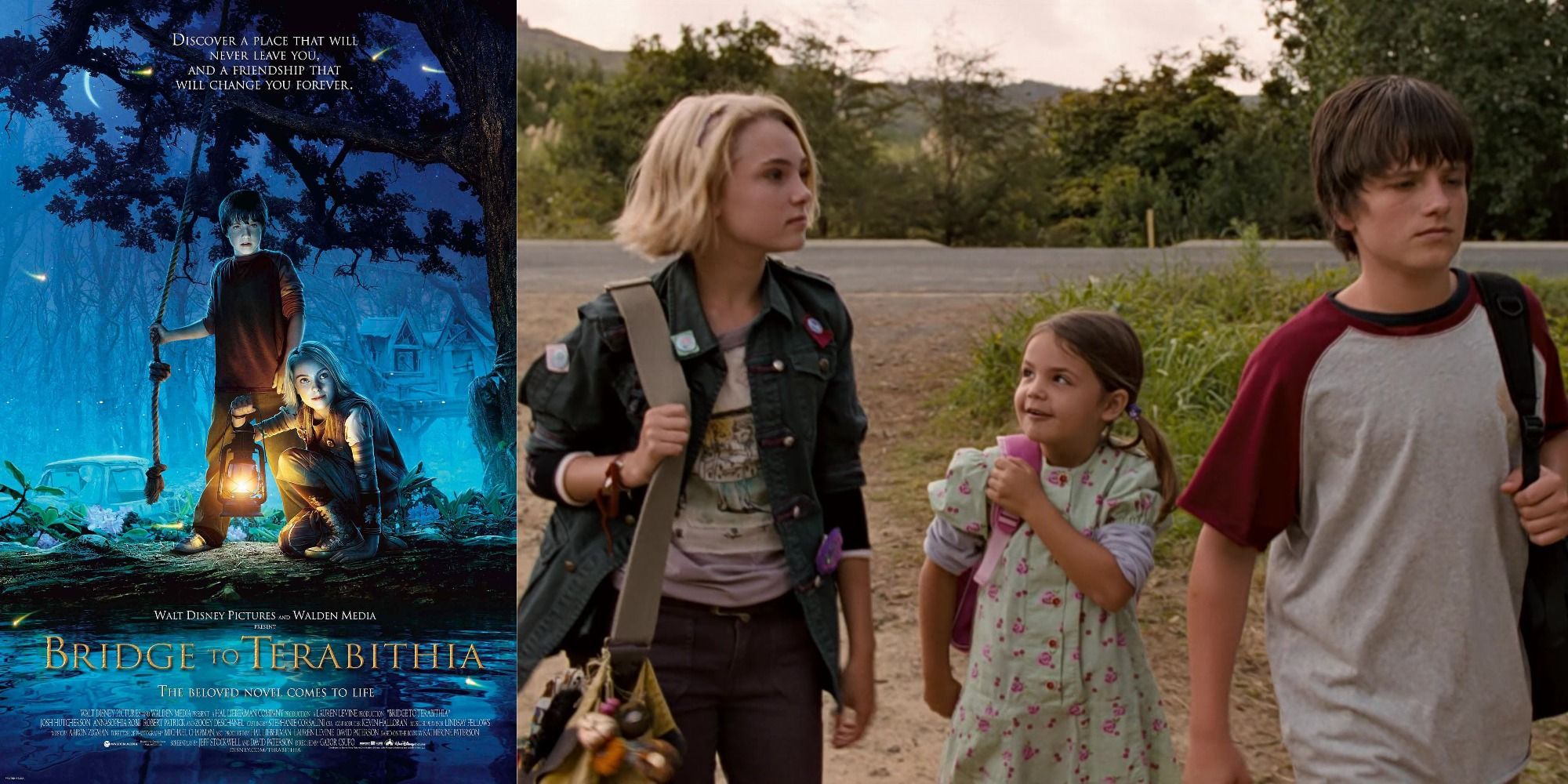 The Bridge To Terabithia Poster next to Jesse, Leslie, and May Belle walking together