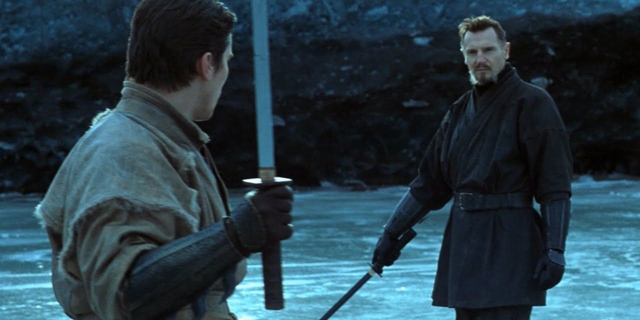  Bruce Wayne and Ra's al Ghul engaging in a swordfight for training in Batman Begins