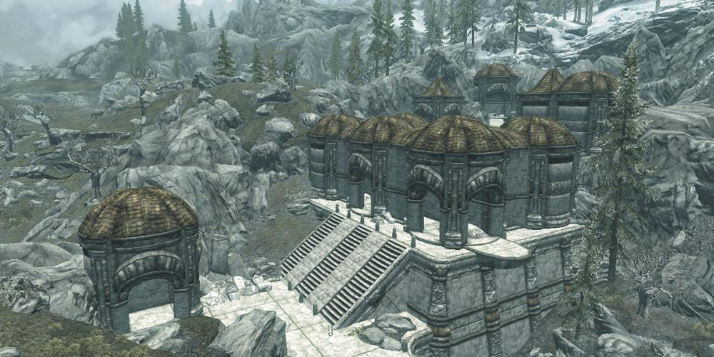 The surface architecture of a Dwemer ruin in Skryim.