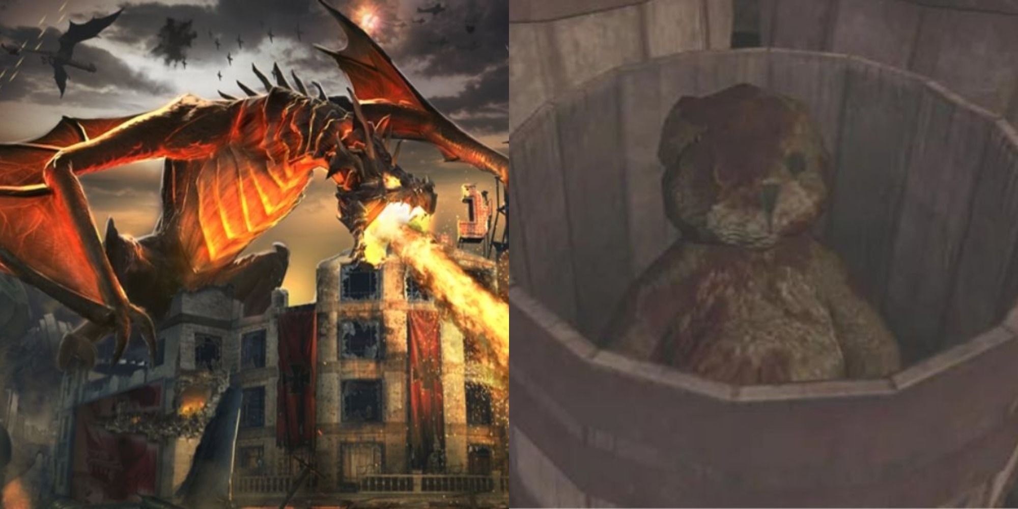 Split image depicting a fire-breathing dragon and a bloody teddy bear inside a barrel